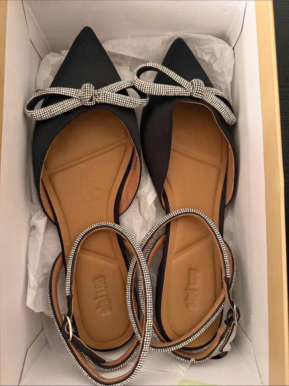 Black Pointed Slingback Flats with Crystal Bow Accent